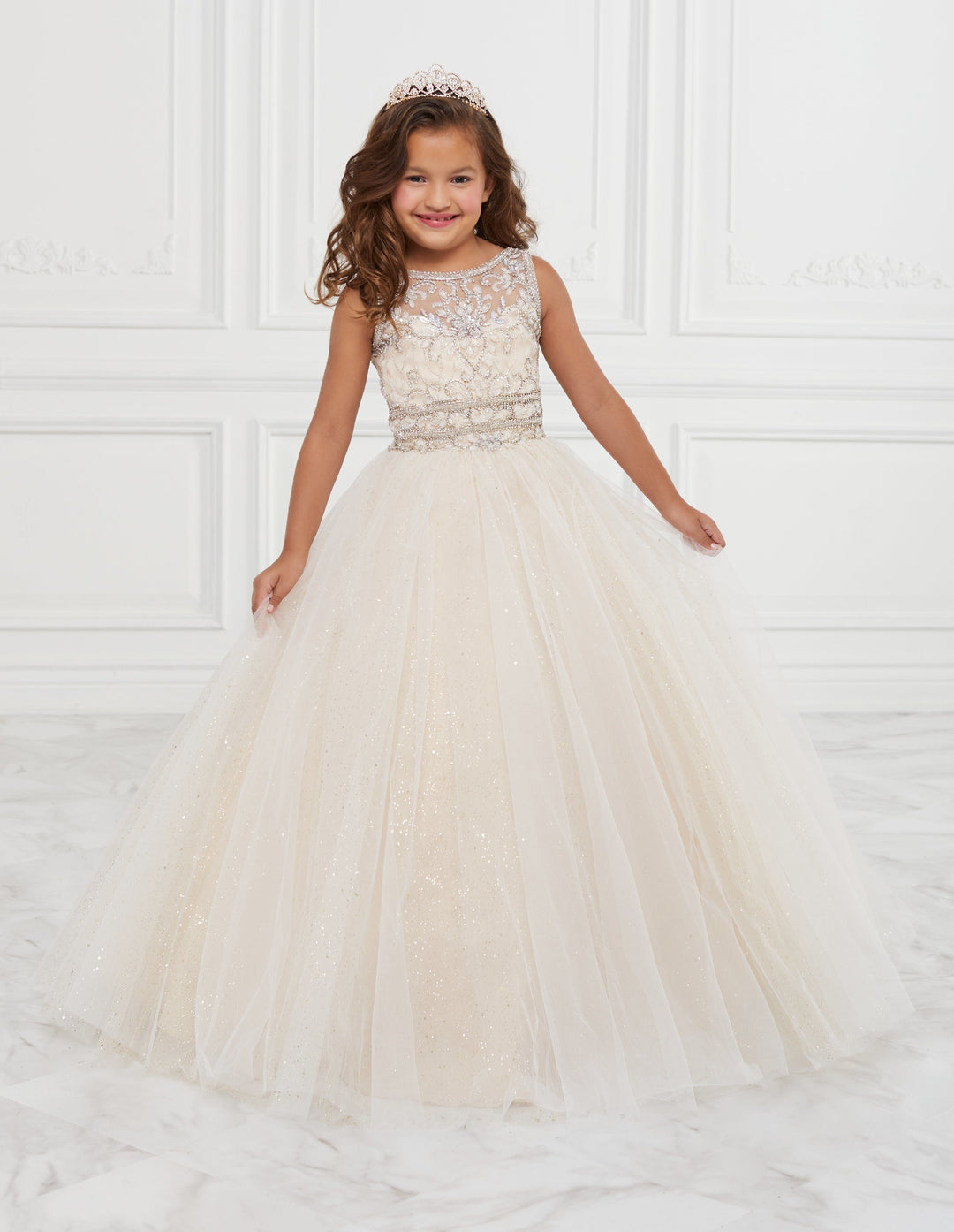 Girls Long Illusion Glitter Dress by Tiffany Princess 13601-Girls Formal Dresses-ABC Fashion