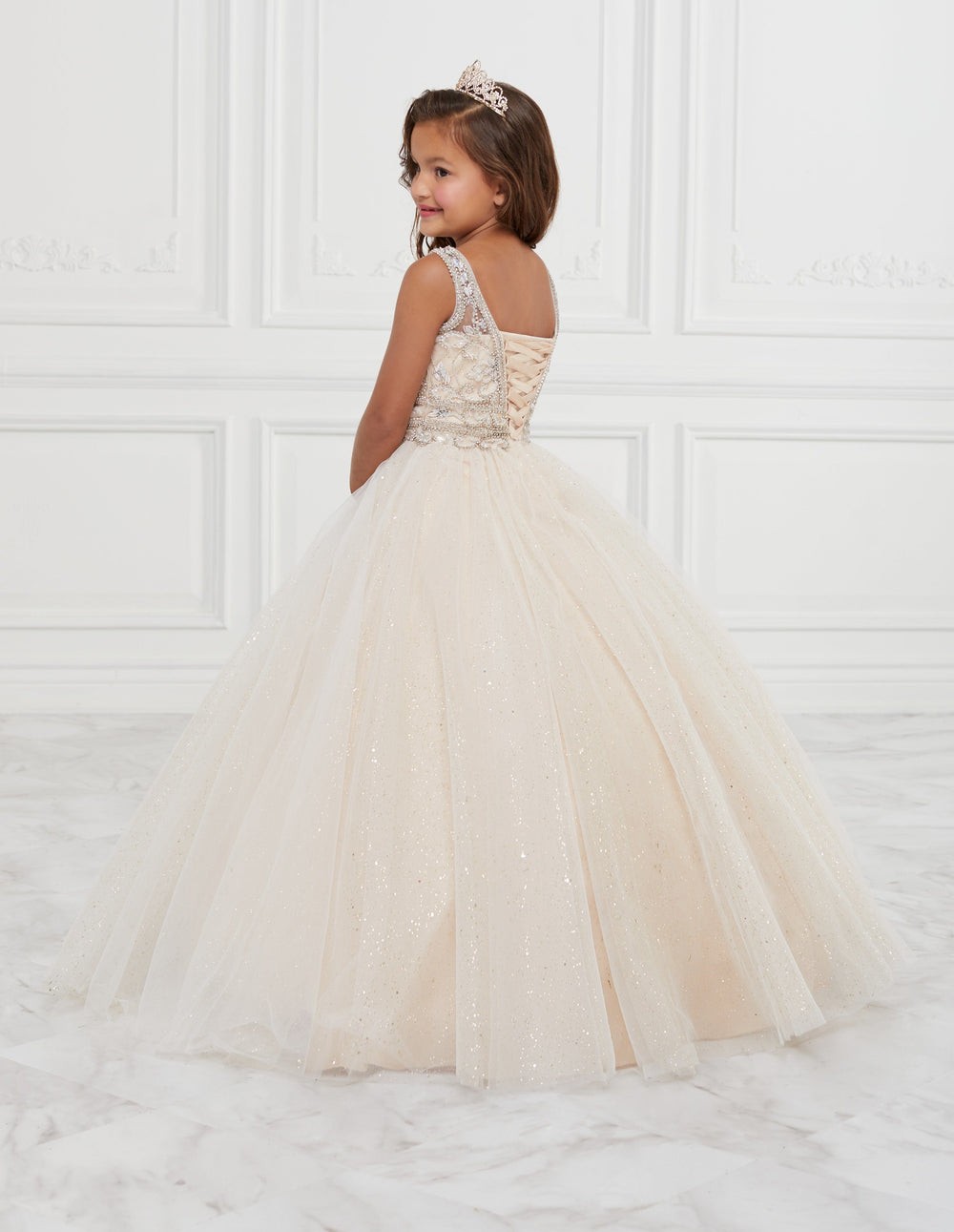 Girls Long Illusion Glitter Dress by Tiffany Princess 13601-Girls Formal Dresses-ABC Fashion