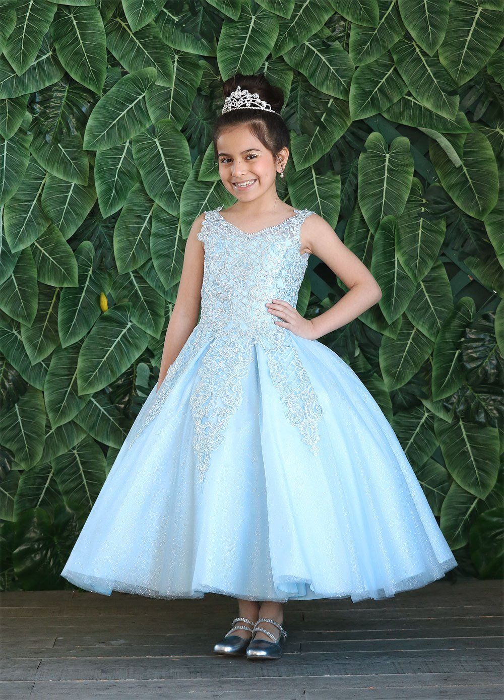 Girls Long Lace Applique Dress with Glitter Skirt by Calla KY221-Girls Formal Dresses-ABC Fashion