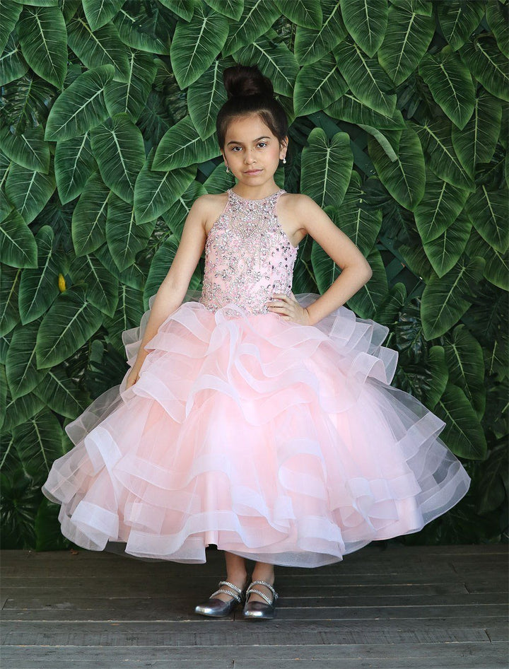 Girls Long Layered Dress with Beaded Bodice by Calla KY217-Girls Formal Dresses-ABC Fashion