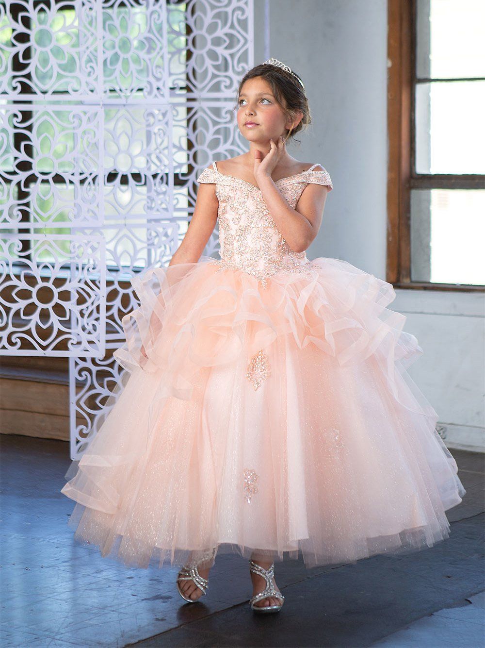 Girls Long Off Shoulder Dress with Glitter Skirt by Calla KY223-Girls Formal Dresses-ABC Fashion