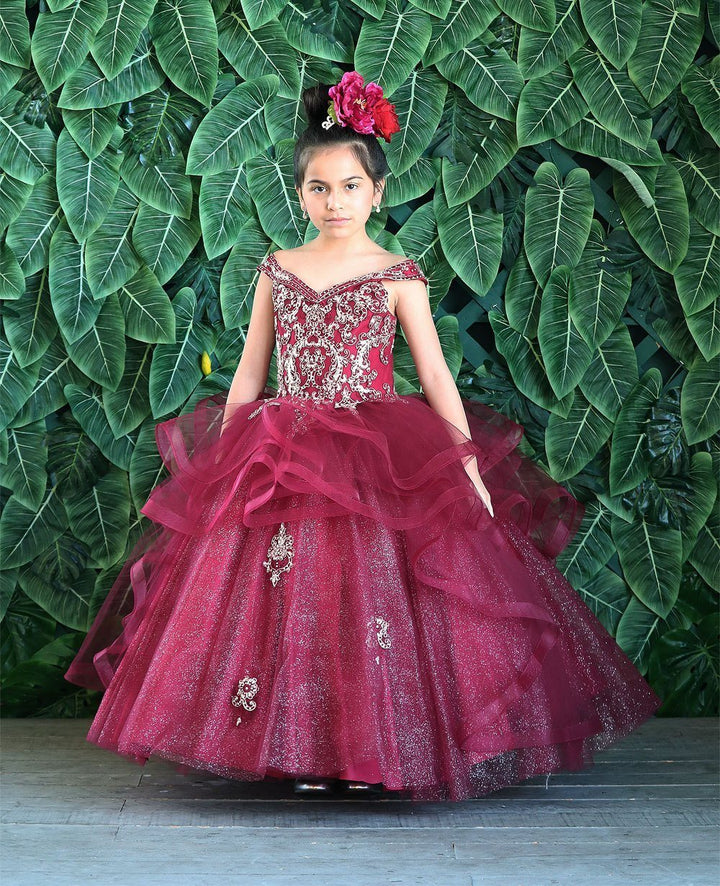 Girls Long Off Shoulder Dress with Glitter Skirt by Calla KY223-Girls Formal Dresses-ABC Fashion