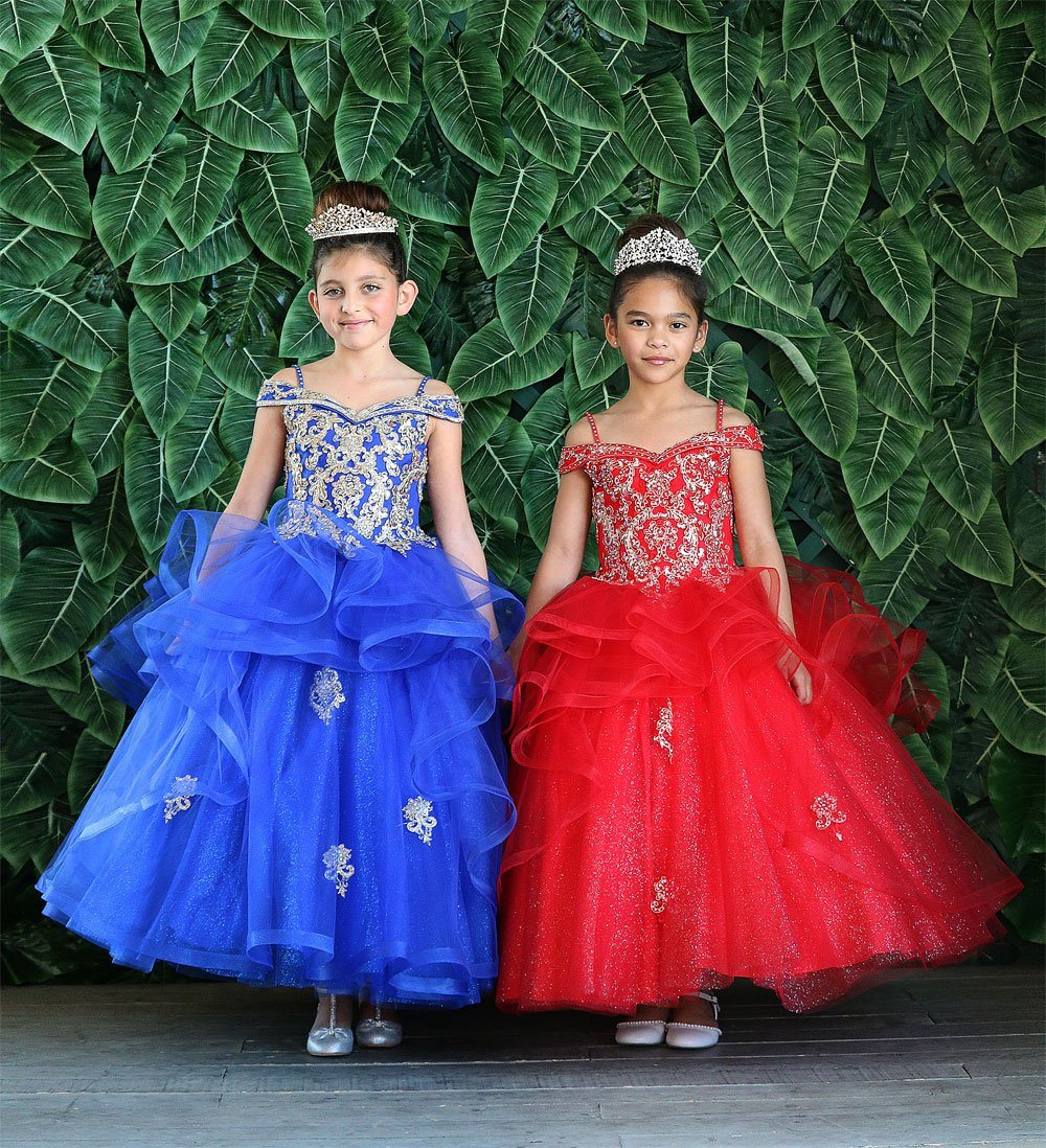 Girls Long Off Shoulder Dress with Glitter Skirt by Calla KY223-Girls Formal Dresses-ABC Fashion