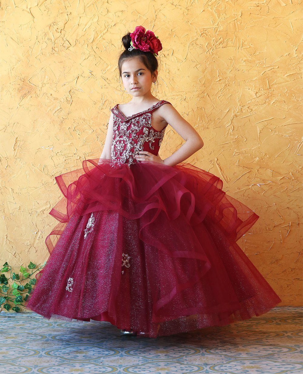 Girls Long Off Shoulder Dress with Glitter Skirt by Calla KY223-Girls Formal Dresses-ABC Fashion