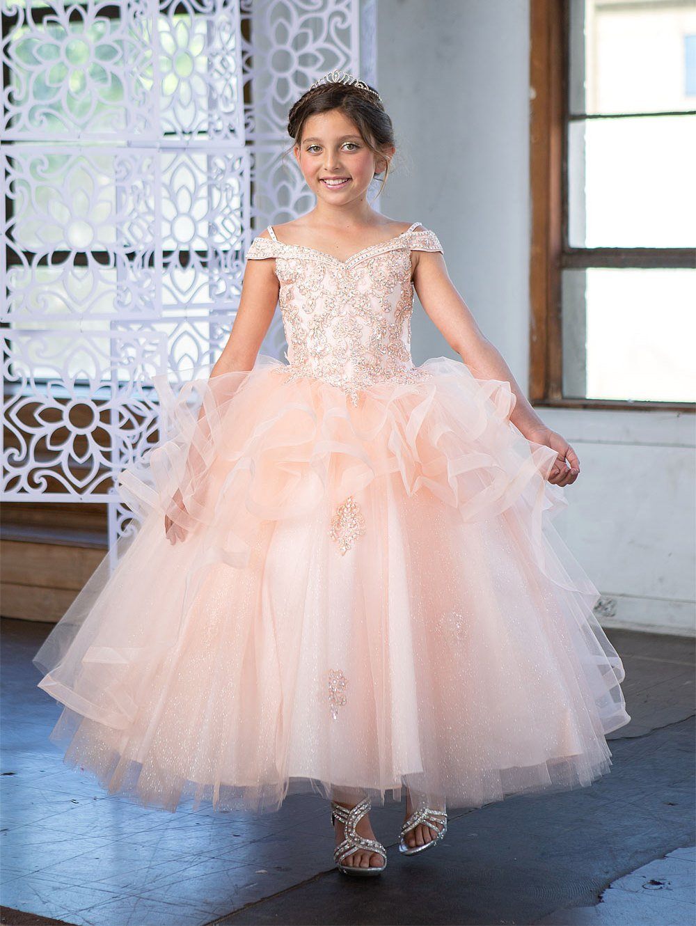 Girls Long Off Shoulder Dress with Glitter Skirt by Calla KY223-Girls Formal Dresses-ABC Fashion