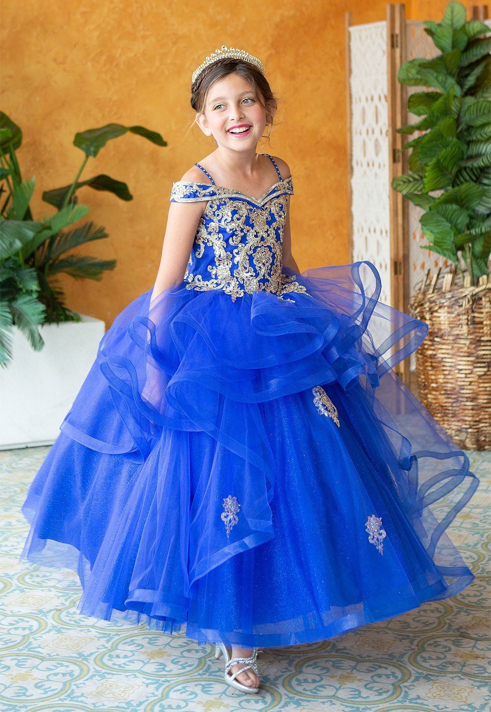 Girls Long Off Shoulder Dress with Glitter Skirt by Calla KY223-Girls Formal Dresses-ABC Fashion