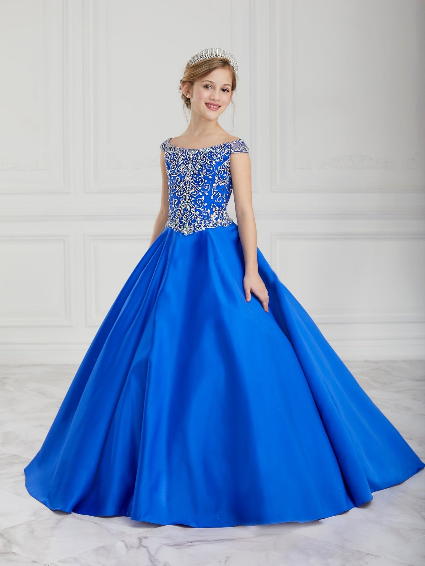 Girls Long Satin Off Shoulder Dress by Tiffany Princess 13618 Girls Long Satin Off Shoulder Dress by Tiffany Princess 13618