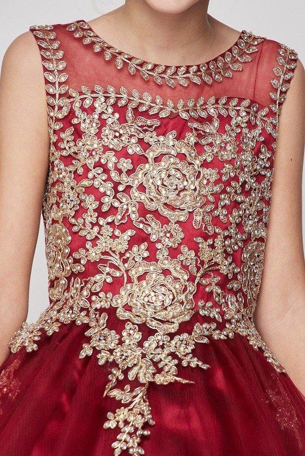 Girls Long Sleeveless Dress with Gold Lace Appliqued Bodice-Girls Formal Dresses-ABC Fashion