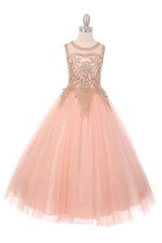 Girls Long Sleeveless Dress with Gold Lace Appliqued Bodice-Girls Formal Dresses-ABC Fashion