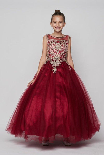 Girls Long Sleeveless Dress with Gold Lace Appliqued Bodice-Girls Formal Dresses-ABC Fashion