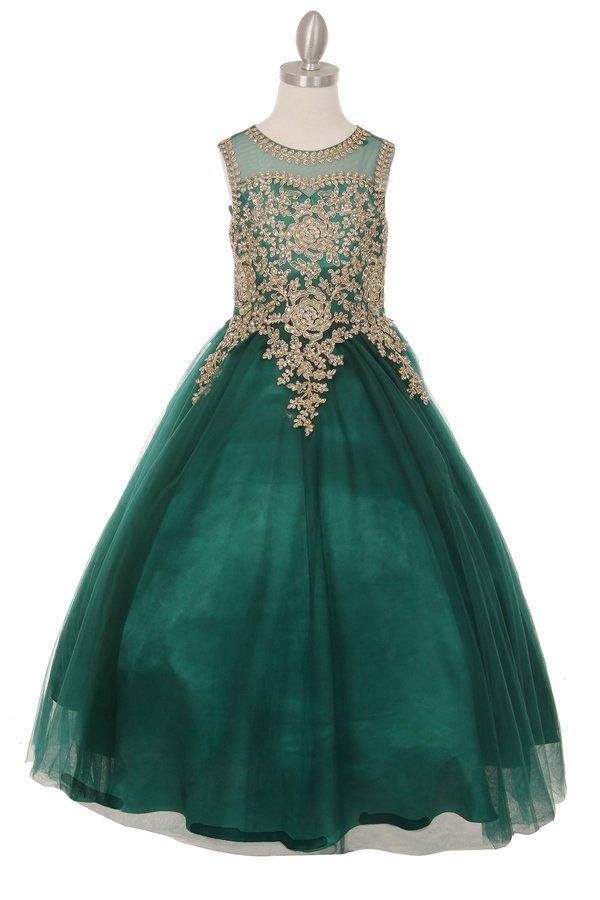 Girls Long Sleeveless Dress with Gold Lace Appliqued Bodice-Girls Formal Dresses-ABC Fashion