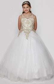 Girls Long Sleeveless Dress with Gold Lace Appliqued Bodice-Girls Formal Dresses-ABC Fashion