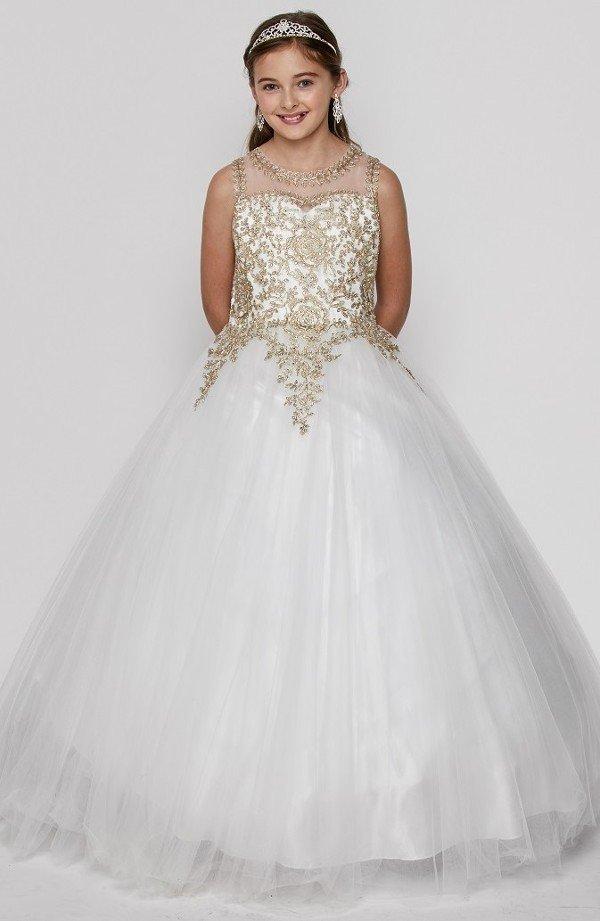Girls Long Sleeveless Dress with Gold Lace Appliqued Bodice-Girls Formal Dresses-ABC Fashion