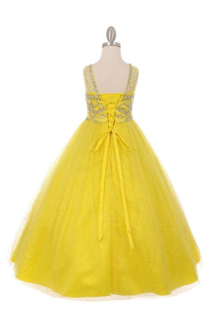 Girls Long Sleeveless Glitter Tulle Dress with Beaded Illusion Bodice-Girls Formal Dresses-ABC Fashion
