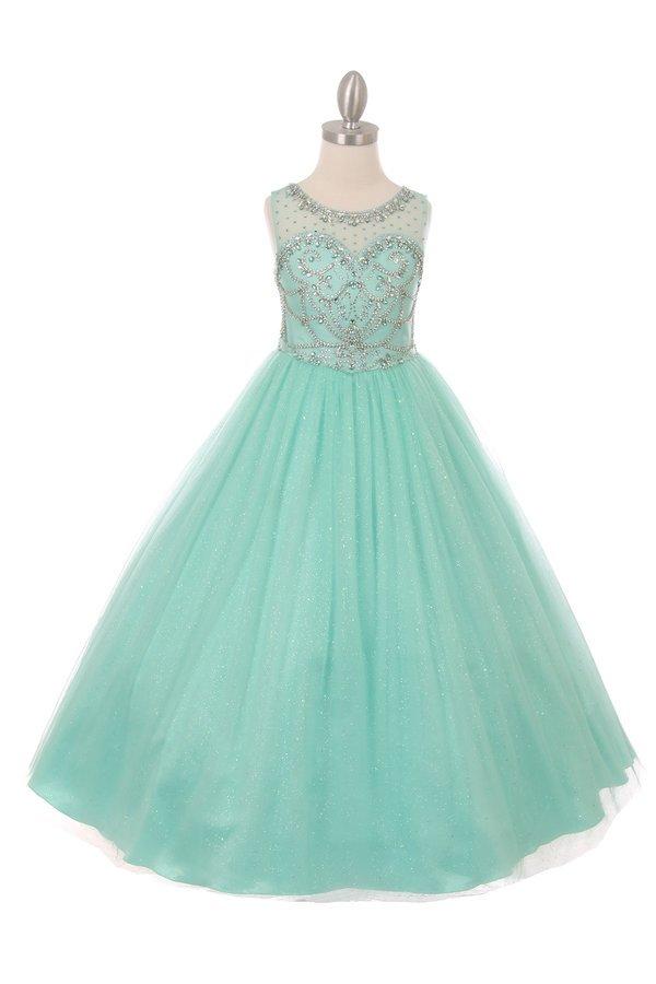 Girls Long Sleeveless Glitter Tulle Dress with Beaded Illusion Bodice-Girls Formal Dresses-ABC Fashion