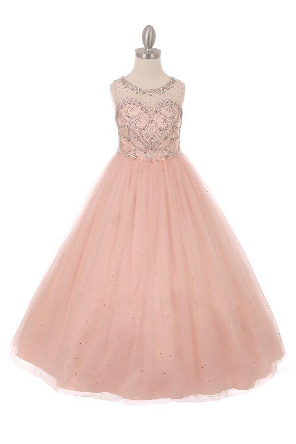 Girls Long Sleeveless Glitter Tulle Dress with Beaded Illusion Bodice-Girls Formal Dresses-ABC Fashion