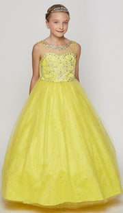 Girls Long Sleeveless Glitter Tulle Dress with Beaded Illusion Bodice-Girls Formal Dresses-ABC Fashion