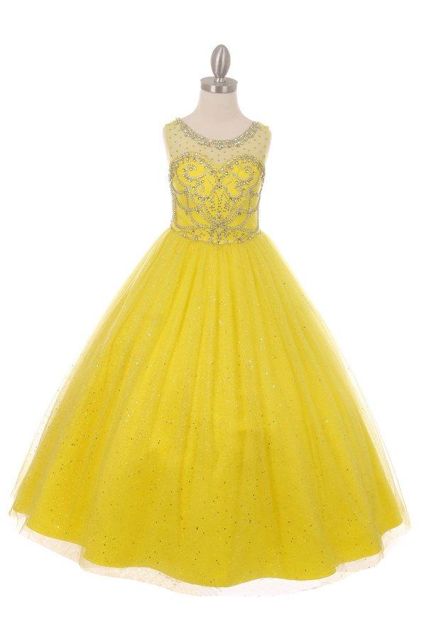 Girls Long Sleeveless Glitter Tulle Dress with Beaded Illusion Bodice-Girls Formal Dresses-ABC Fashion