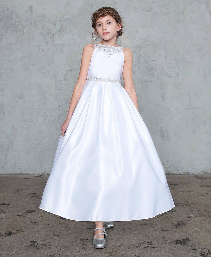 Girls Long Sleeveless Satin Dress with Beaded Top-Girls Formal Dresses-ABC Fashion