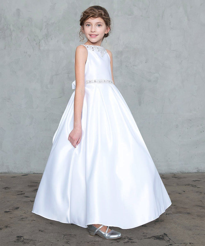 Girls Long Sleeveless Satin Dress with Beaded Top-Girls Formal Dresses-ABC Fashion