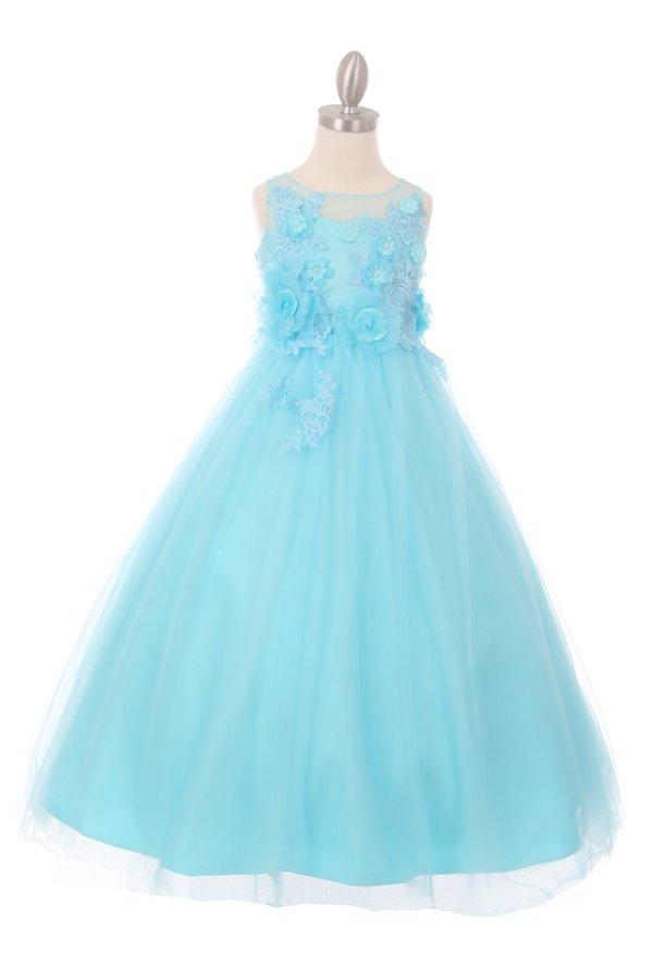 Girls Long Tulle Dress with Floral Appliques by Cinderella Couture 5034-Girls Formal Dresses-ABC Fashion