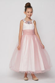 Girls Long Two Tone Dress with Floral Neckline by Cinderella Couture 9074-Girls Formal Dresses-ABC Fashion