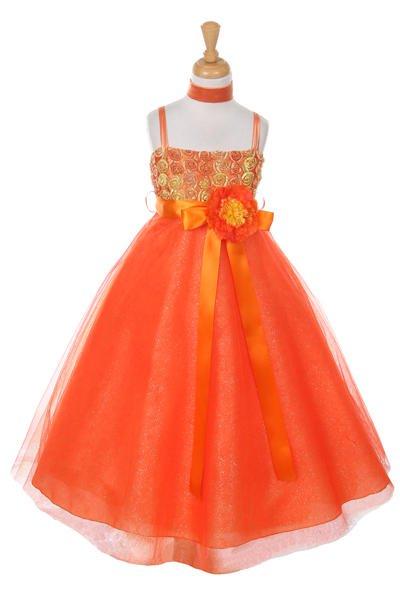 Girls Long Two Tone Glitter Tulle Dress with Embroidered Top – ABC Fashion