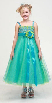 Girls Long Two Tone Glitter Tulle Dress with Embroidered Top-Girls Formal Dresses-ABC Fashion