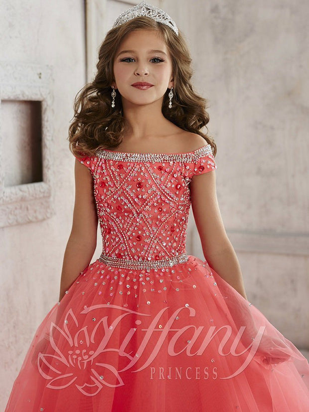 Girls Off The Shoulder Dress by Tiffany Princess 13458-Girls Formal Dresses-ABC Fashion