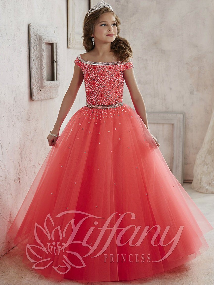 Girls Off The Shoulder Dress by Tiffany Princess 13458-Girls Formal Dresses-ABC Fashion