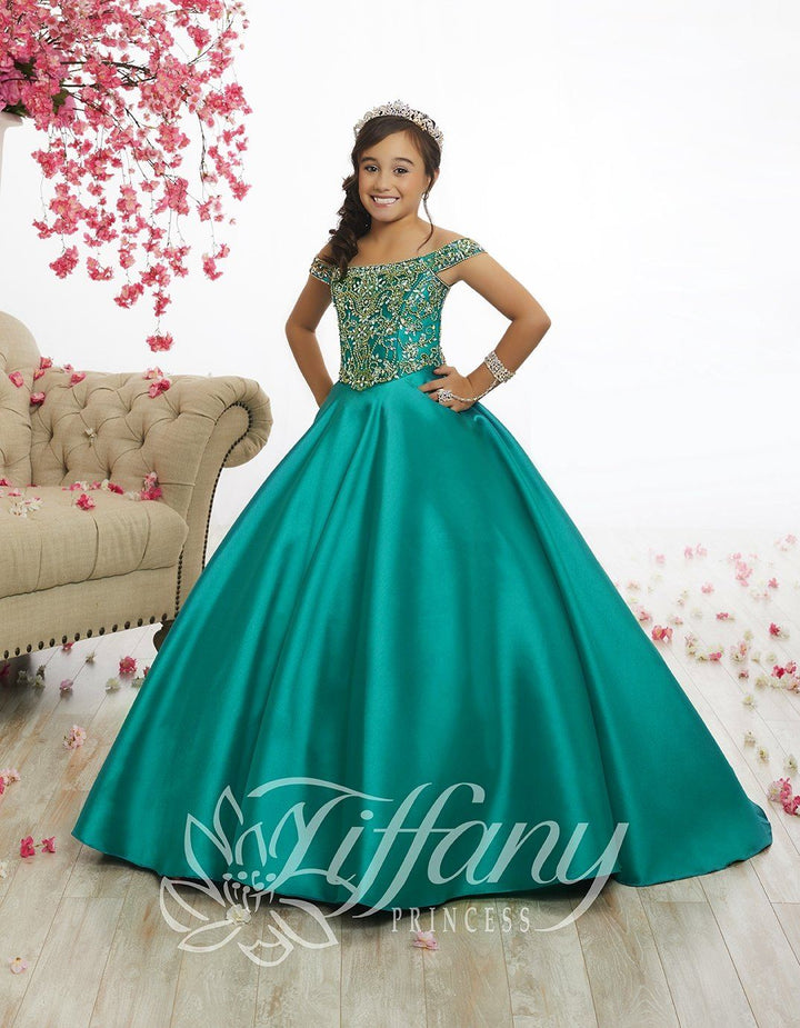 Girls Off The Shoulder Dress by Tiffany Princess 13516-Girls Formal Dresses-ABC Fashion