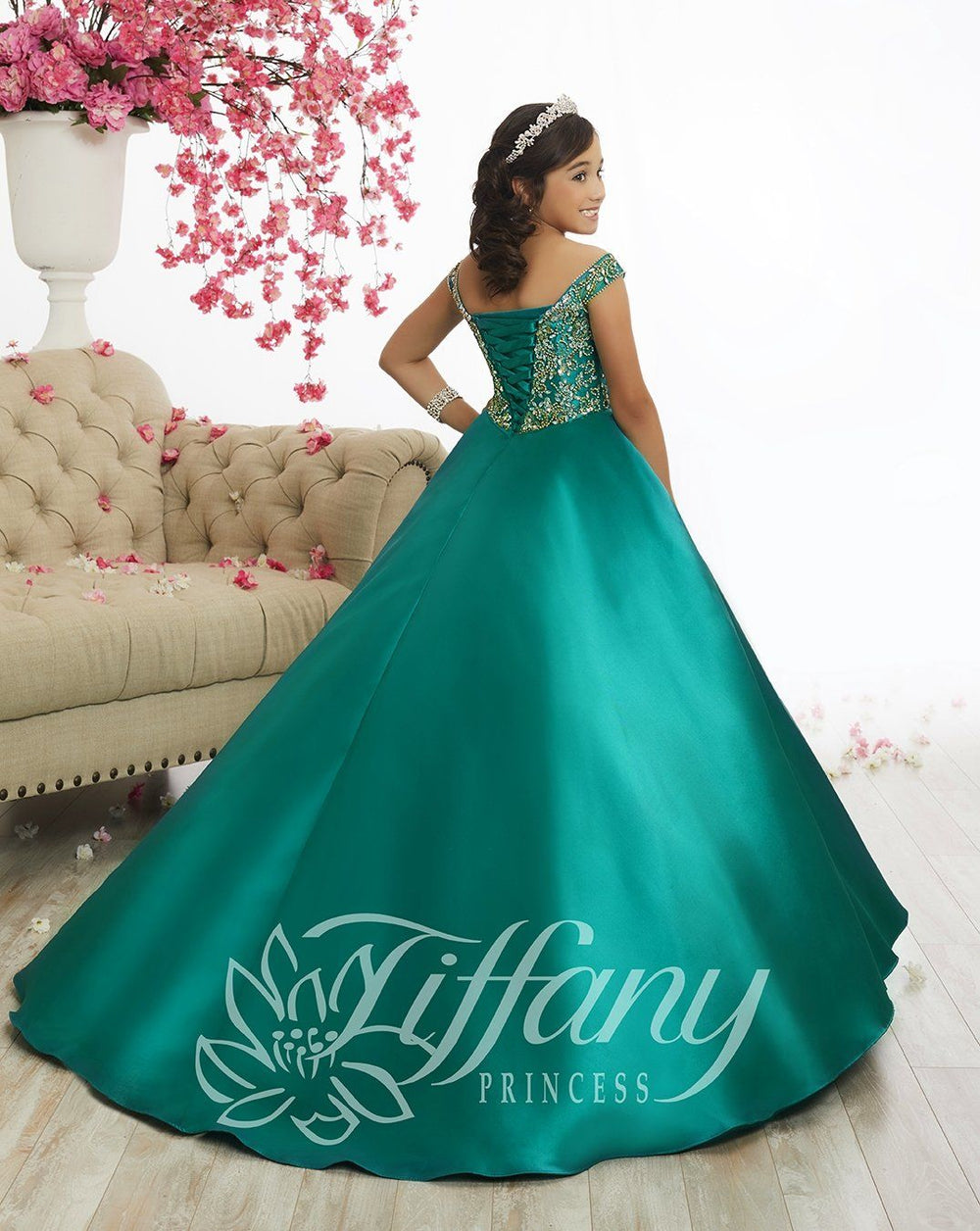 Girls Off The Shoulder Dress by Tiffany Princess 13516-Girls Formal Dresses-ABC Fashion