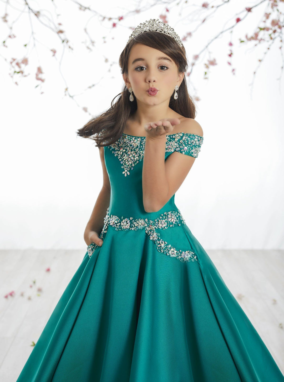 Girls Off The Shoulder Mikado Dress by Tiffany Princess 13513-Girls Formal Dresses-ABC Fashion