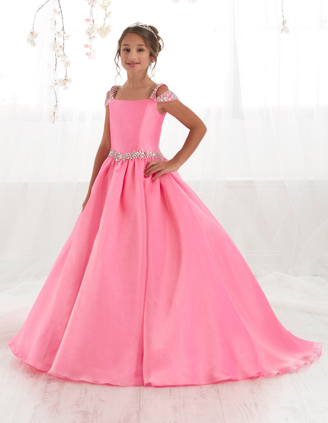 Girls Organza Long Cold Shoulder Dress by Tiffany Princess 13551-Girls Formal Dresses-ABC Fashion