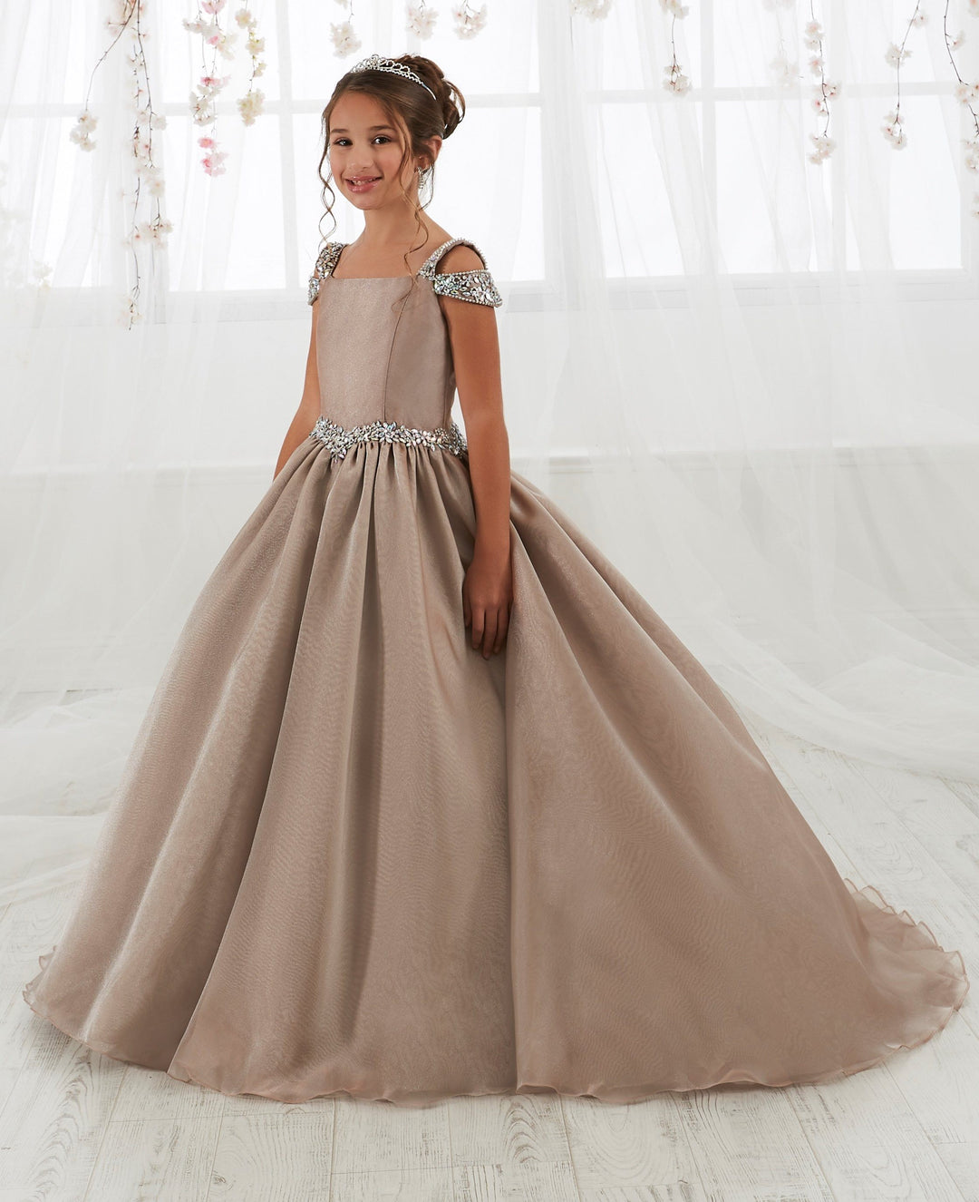 Girls Organza Long Cold Shoulder Dress by Tiffany Princess 13551-Girls Formal Dresses-ABC Fashion