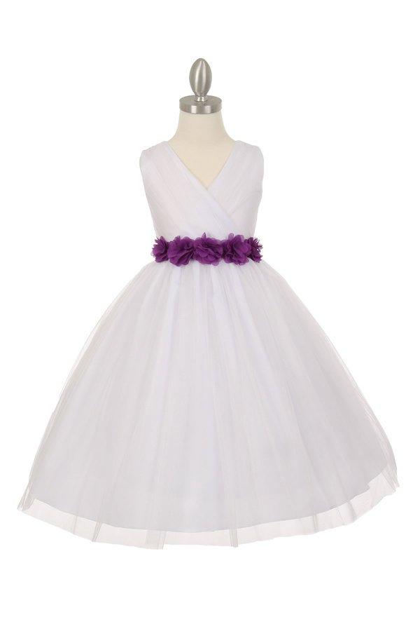 Girls Pleated White Tea Length Tulle Dress with Flower Sash-Girls Formal Dresses-ABC Fashion