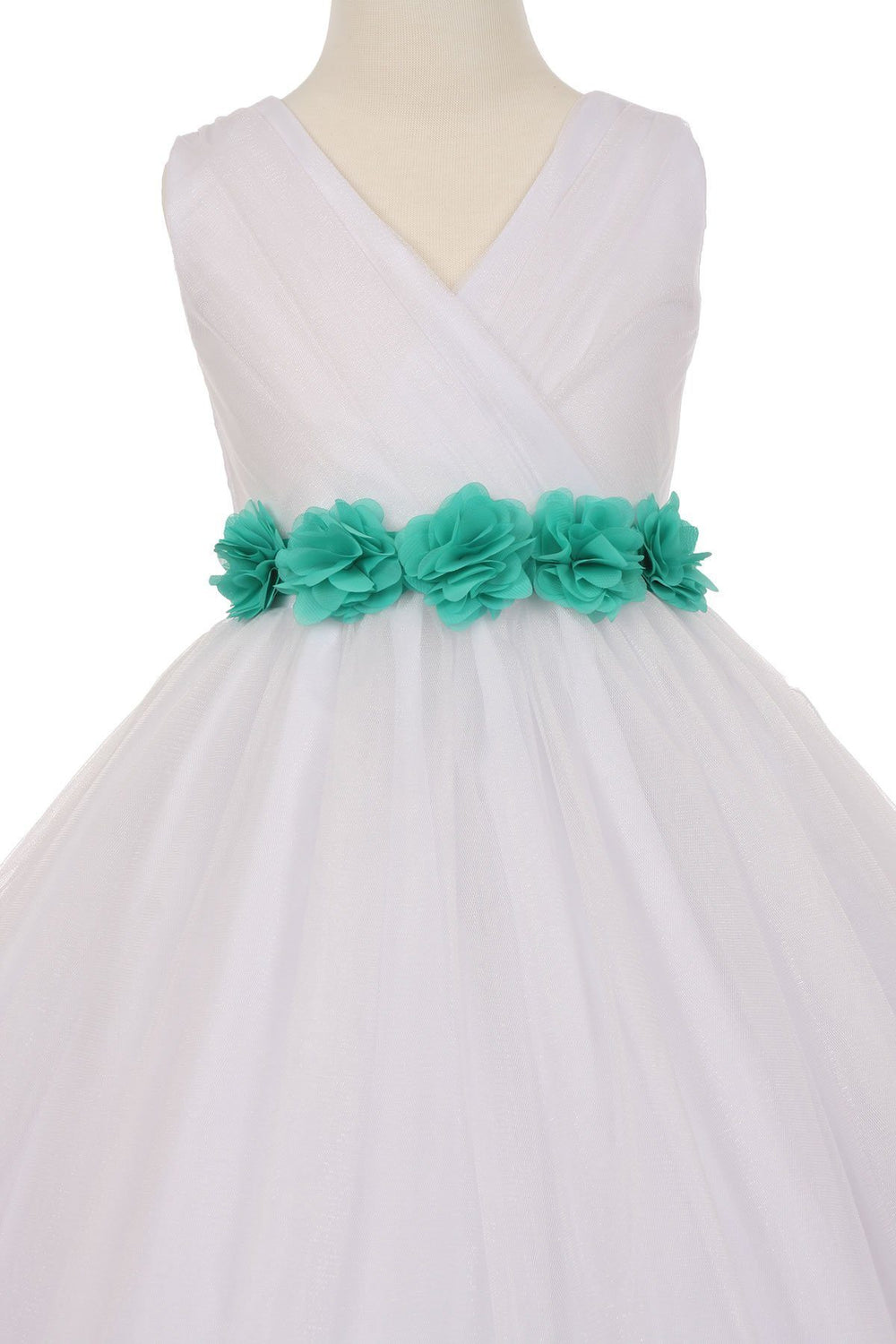 Girls Pleated White Tea Length Tulle Dress with Flower Sash-Girls Formal Dresses-ABC Fashion