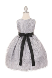 Girls Raschel Lace Tea Length Dress with Beaded Sash-Girls Formal Dresses-ABC Fashion