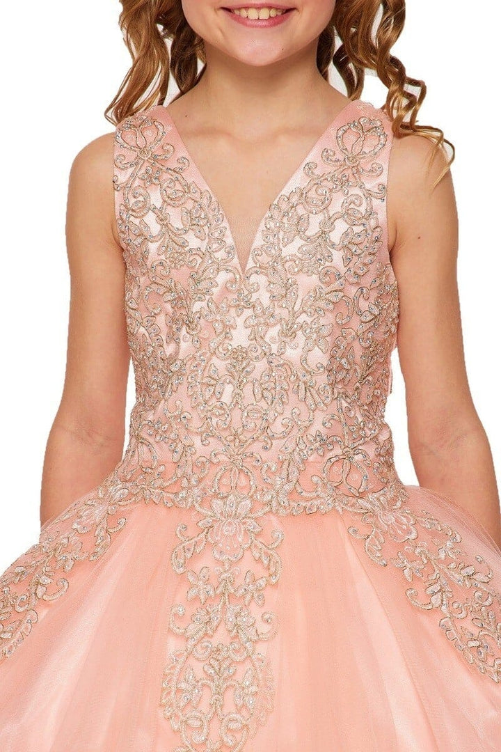 Girls Short Applique V-Neck Dress by Cinderella Couture 5110