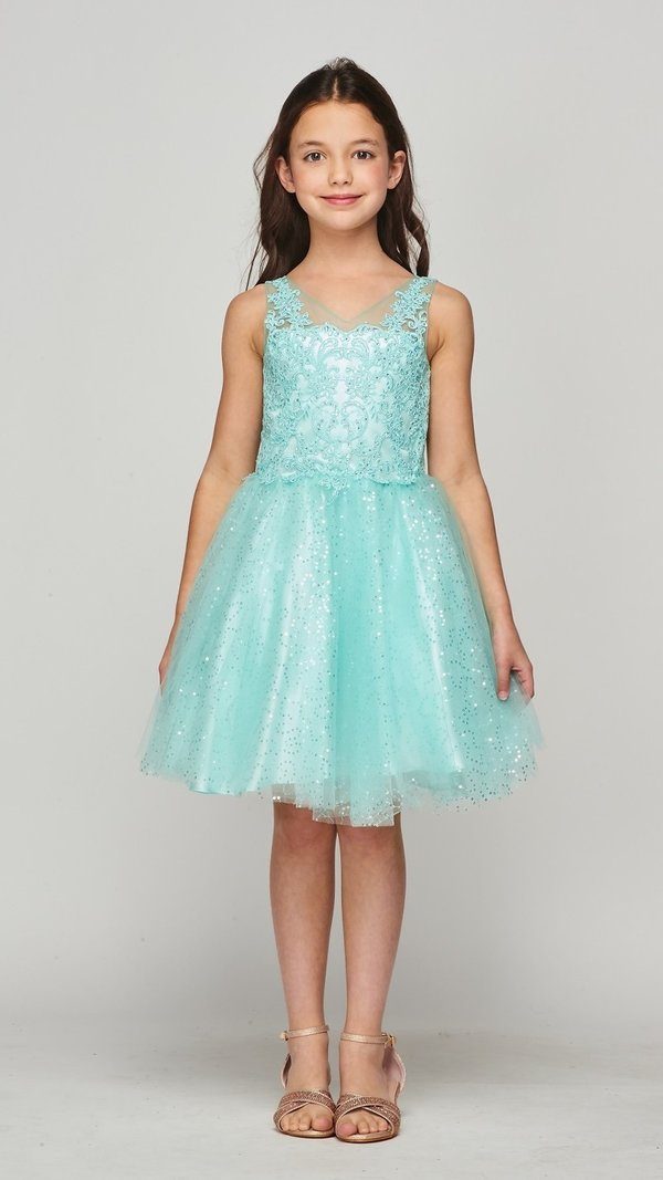 Girls Short Embroidered V-Neck Dress by Cinderella Couture 5088