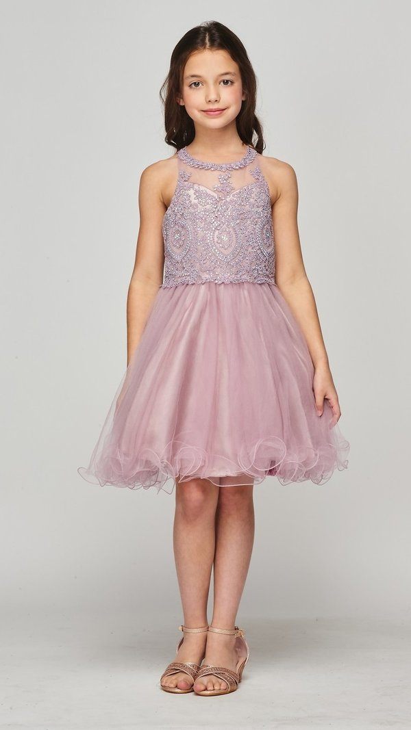 Girls Short Illusion Applique Dress by Cinderella Couture 5065