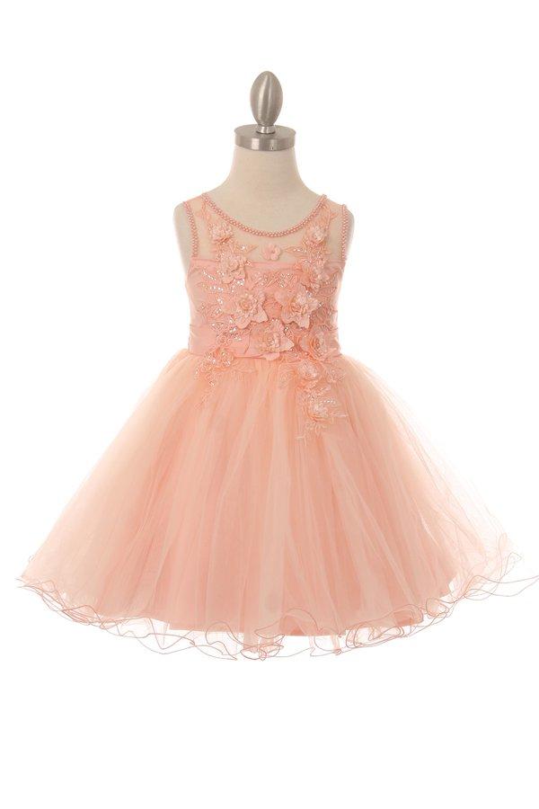 Girls Short Illusion Dress with 3D Flowers by Cinderella Couture 9083-Girls Formal Dresses-ABC Fashion