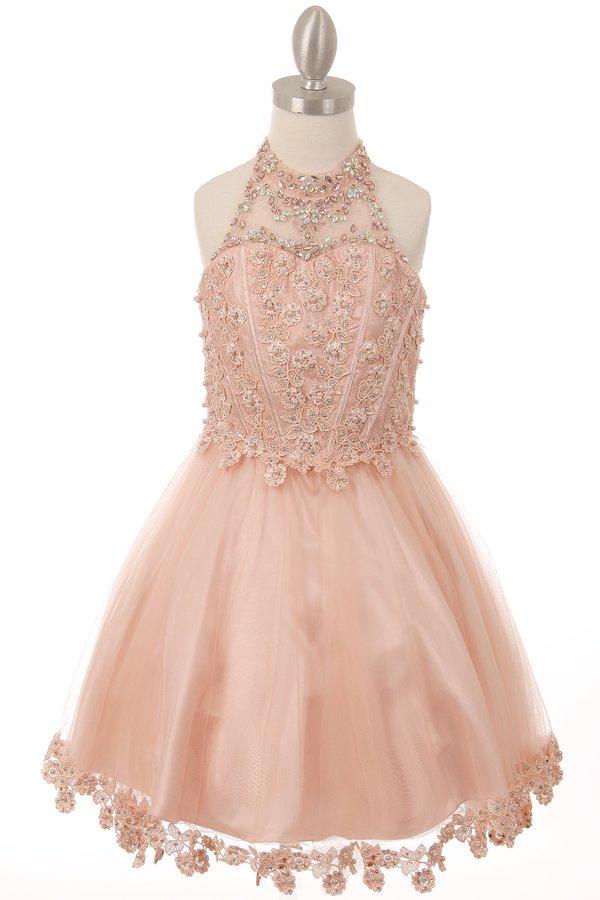Girls Short Illusion Halter Dress by Cinderella Couture 8500-Girls Formal Dresses-ABC Fashion