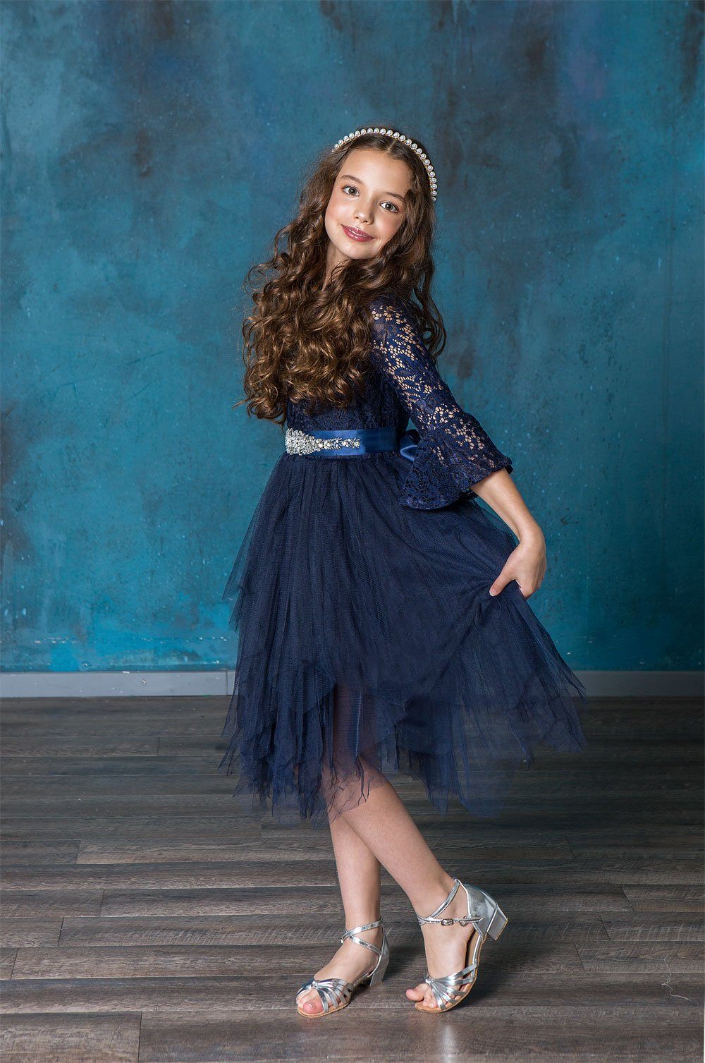 Girls Short Lace Bell Sleeve Dress with Tutu Skirt by Calla D708