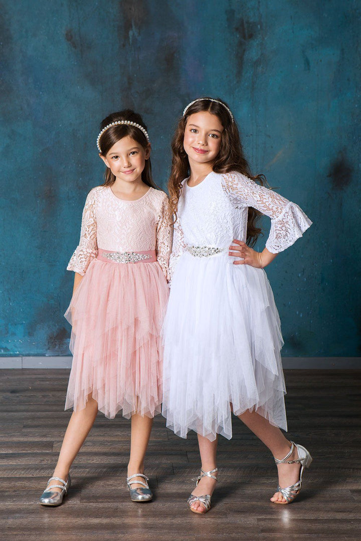 Girls Short Lace Bell Sleeve Dress with Tutu Skirt by Calla D708