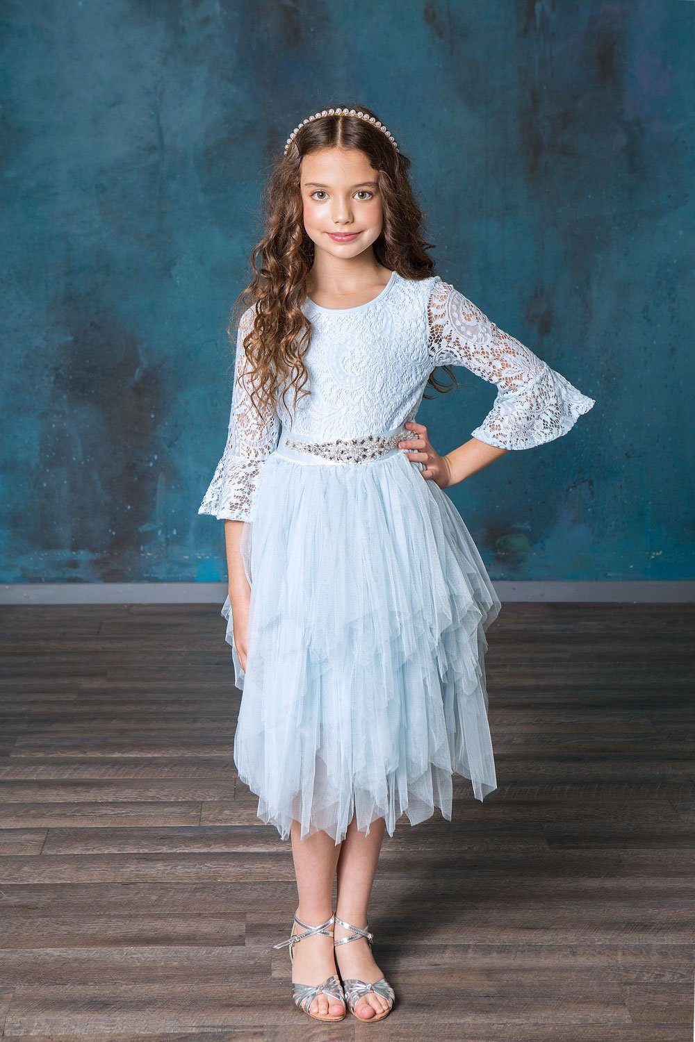 Girls Short Lace Bell Sleeve Dress with Tutu Skirt by Calla D708