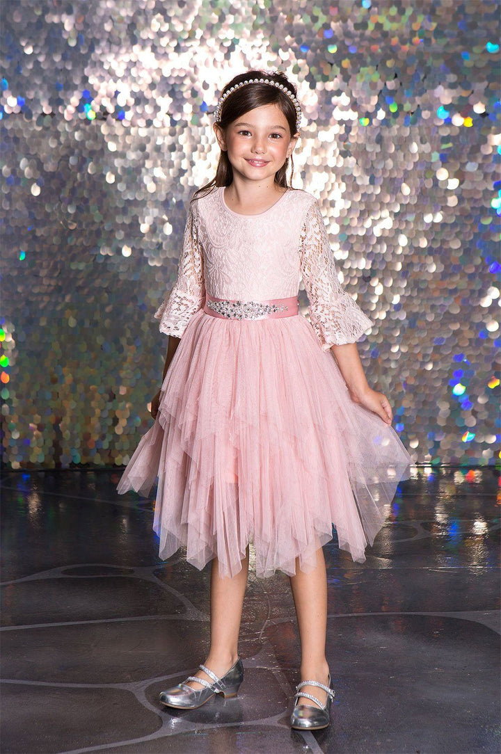 Girls Short Lace Bell Sleeve Dress with Tutu Skirt by Calla D708