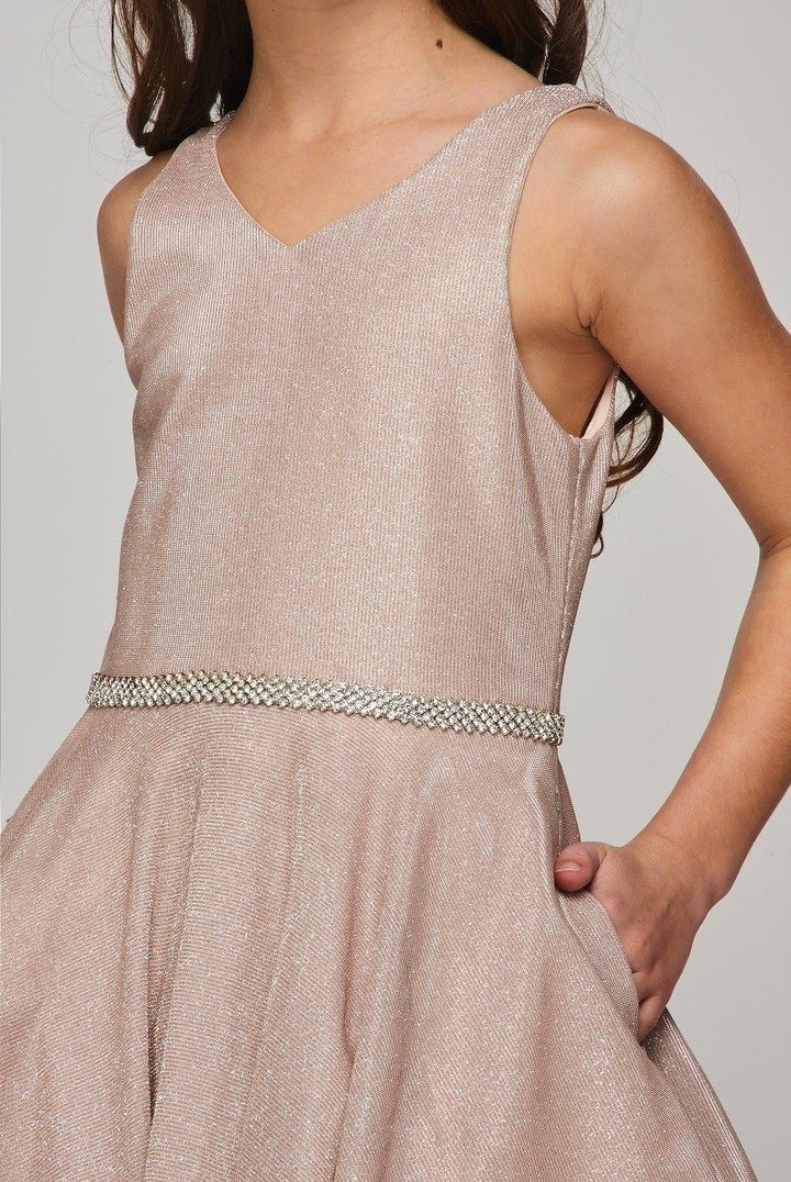 Girls Short Metallic V-Neck Dress by Cinderella Couture 8013