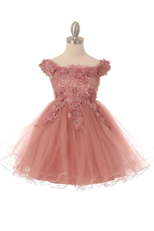 Girls Short Off Shoulder Glitter Dress by Cinderella Couture 9085-Girls Formal Dresses-ABC Fashion