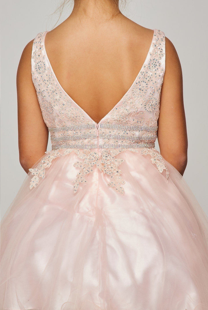 Girls Beaded Short Ruffled V-Neck Dress 5081